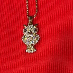 Elegant Gold and Silver Owl Pendant Necklace with AB Crystals.